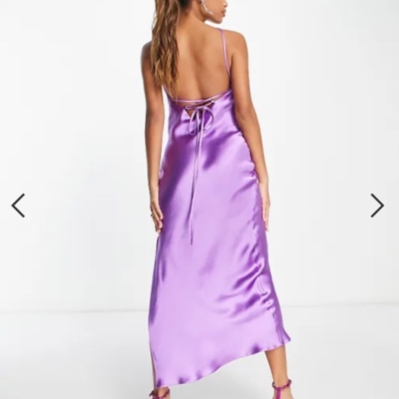 ASOS DESIGN halter satin midi dress with side slit and lace up back in purple - Picture 4 of 9